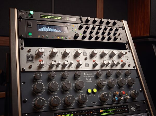 Close-up of the mastering rack in the studio of Rafael Paulo