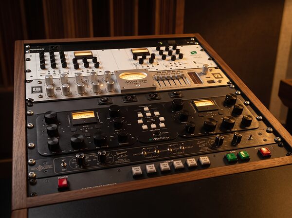Close-up of the outboard rack in the studio of Rafael Paulo