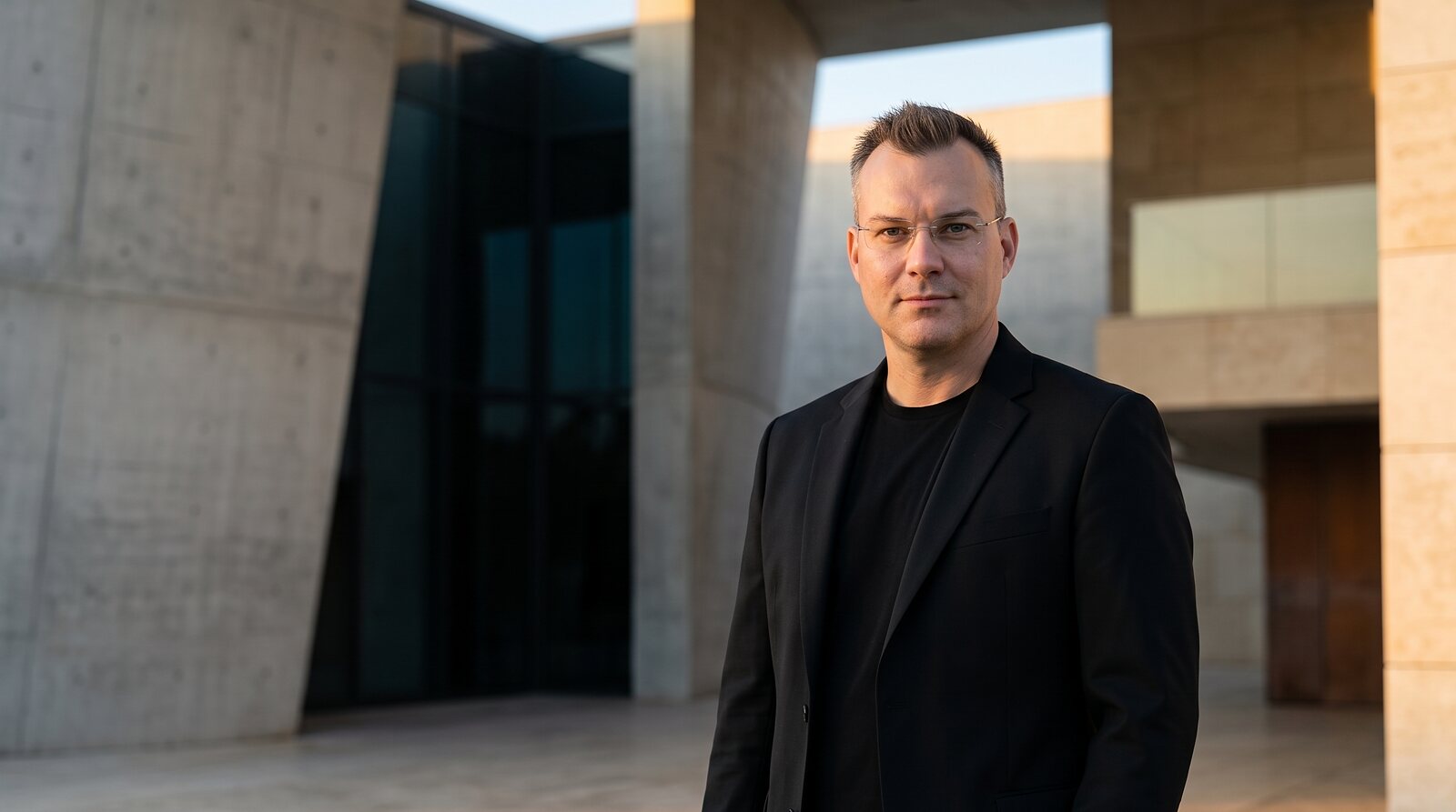 Rafael Paulo in front of modern concrete architecture in the golden evening light