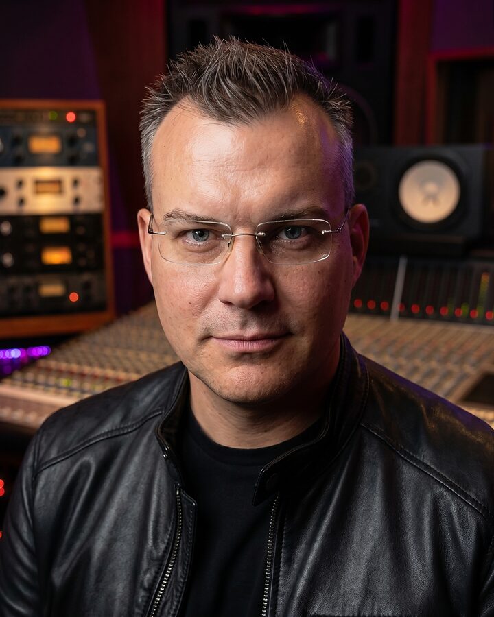 Rafael Paulo in his studio, in front of the mixing console