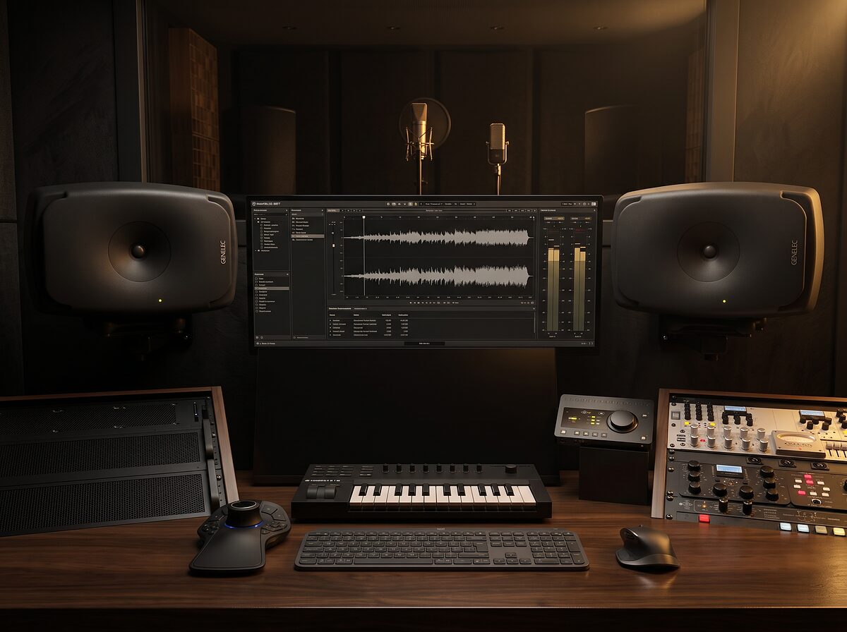 The production and mastering room of Rafael Paulo in warm, low light